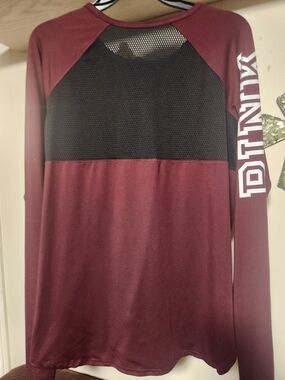 PINK Victoria's Secret Maroon and Black Long-Sleeve Mesh Panel Top